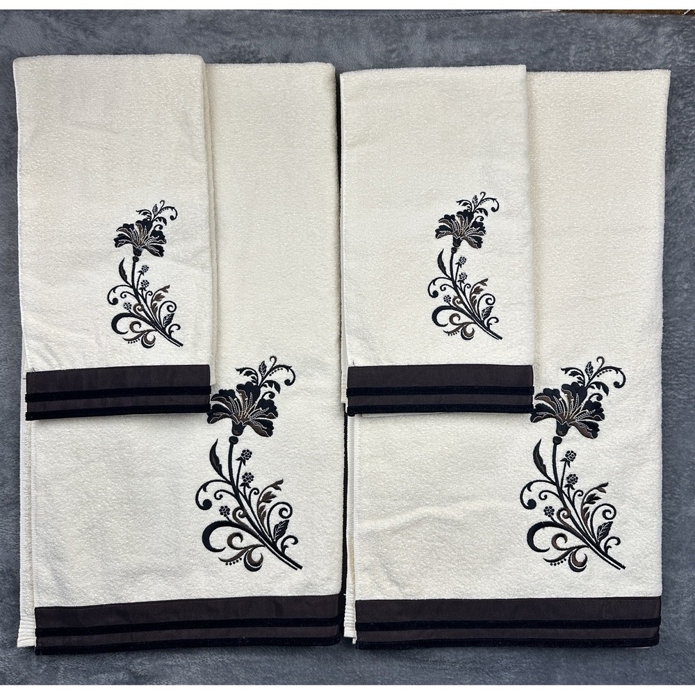 Avanti Towel Set 2 Bath Towels  2 Hand Towel Embroidered Cream Brown Floral New